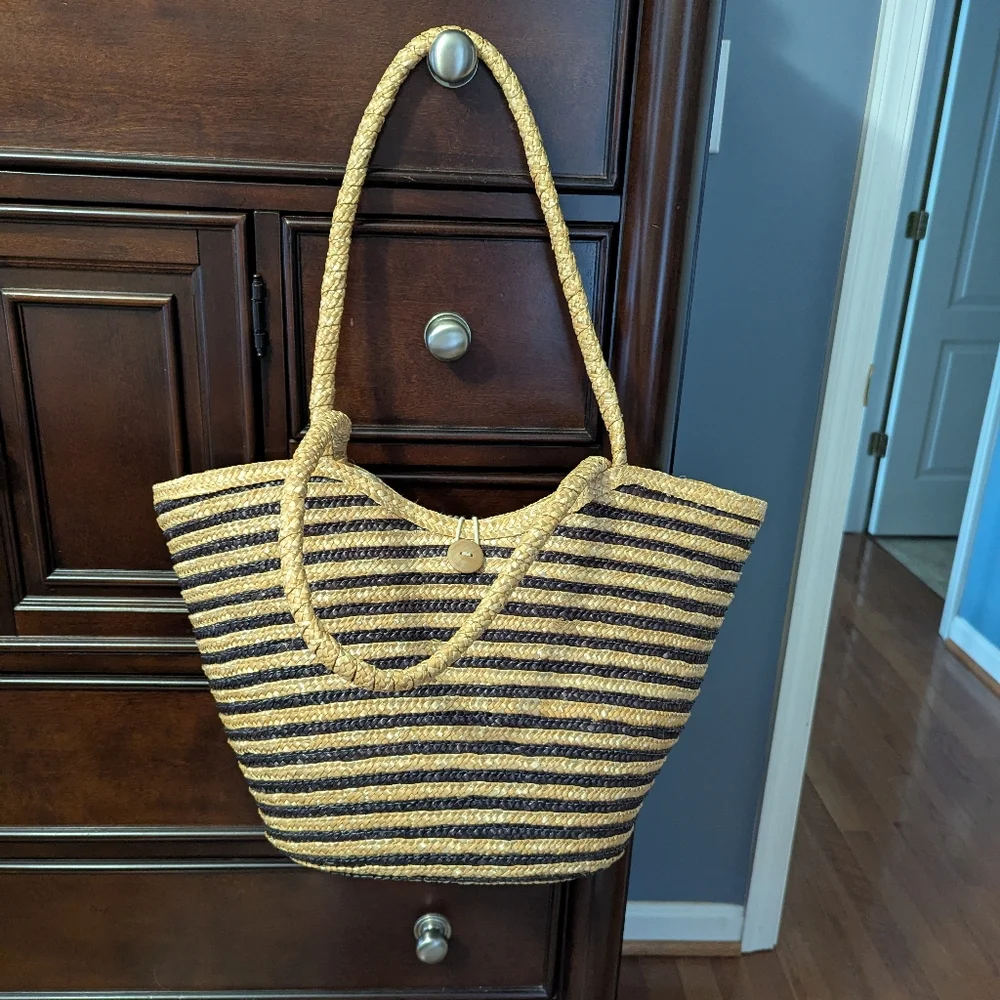 Striped Tan and Black Woven Tote Bag